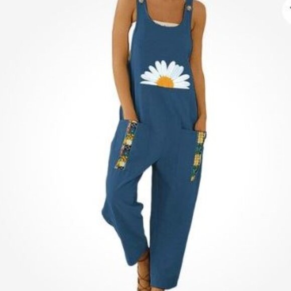 Pants - (SOLD) Bib Overall Jumpsuit Teal Daisy Print Baggy Fit Cottagecore Boho Country